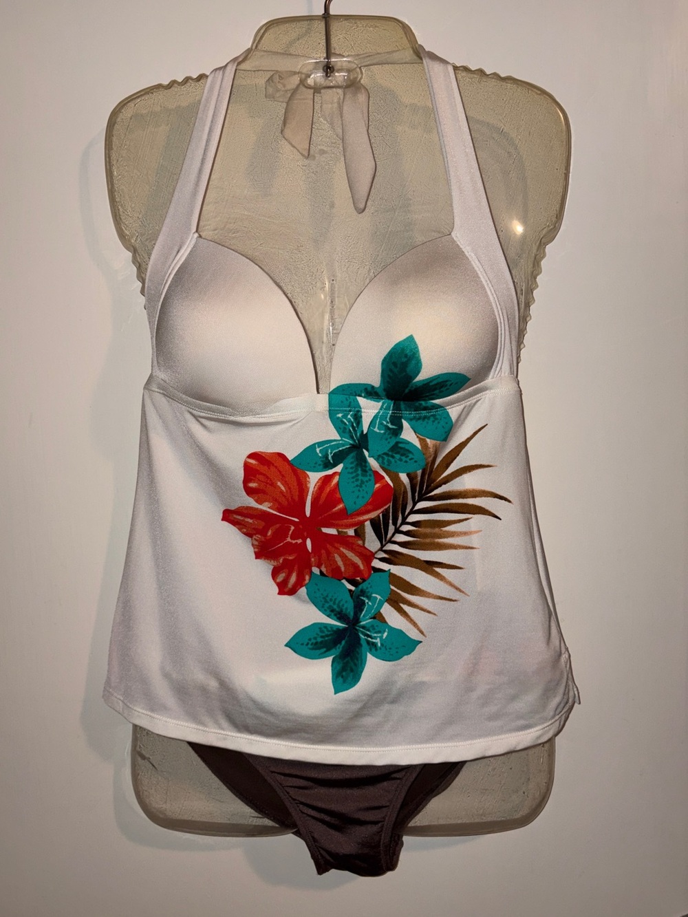 Leilani Floral Swim Halterkini with Brown Shirred Waisted Band Swim Bottoms